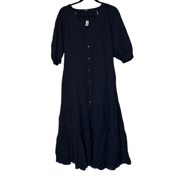 madewell tie-waist tiered midi dress in windowpane navy ns139 women size 8 - Picture 2 of 7